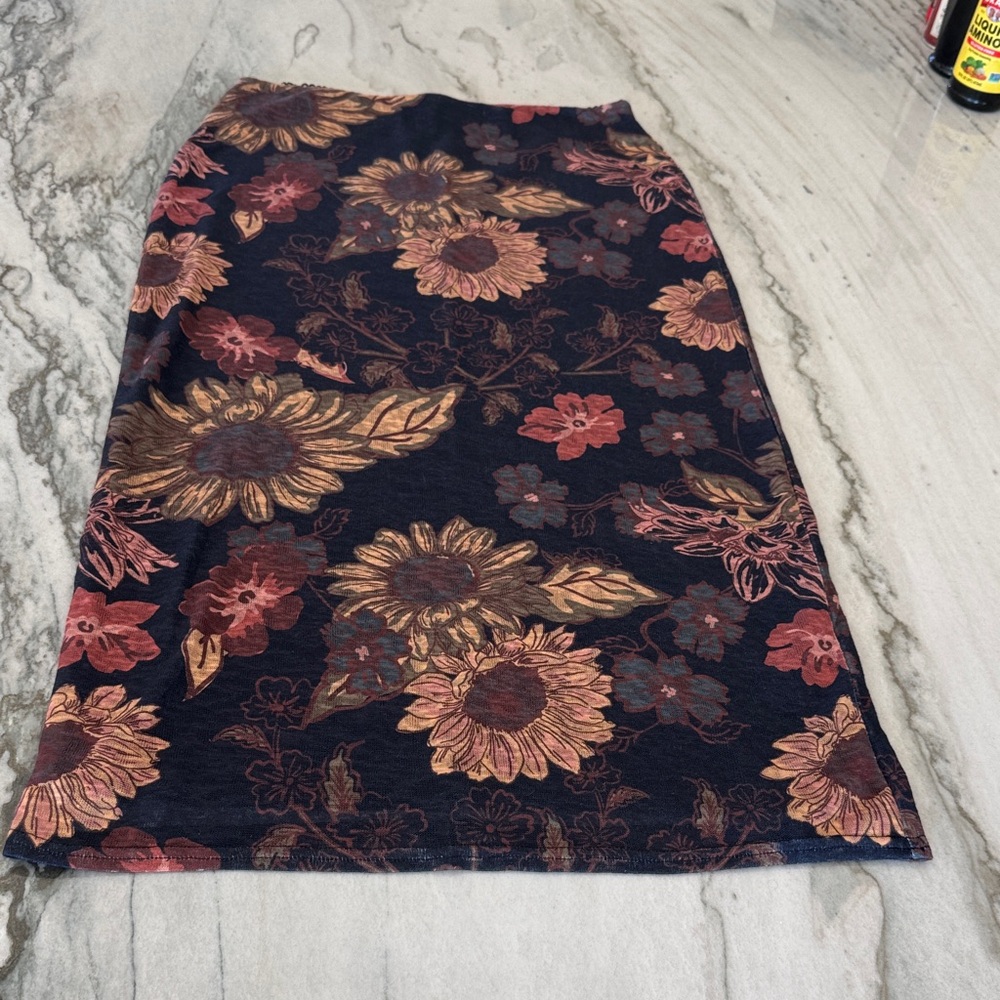 Floral Navy Pencil Skirt with Rust and Gold Blooms